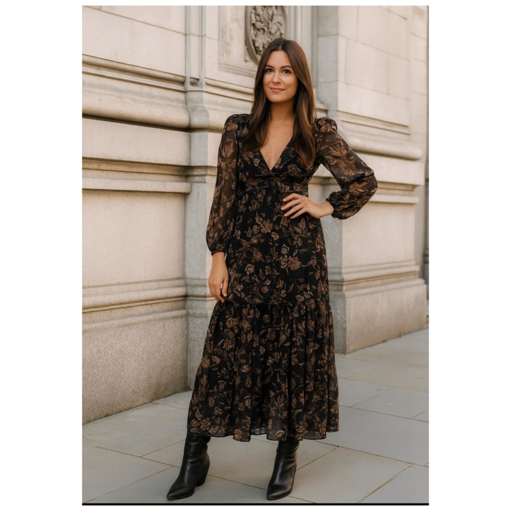Walter Baker Black Floral Long Sleeve V-Neck Maxi Dress Sophia Size 0 NWT